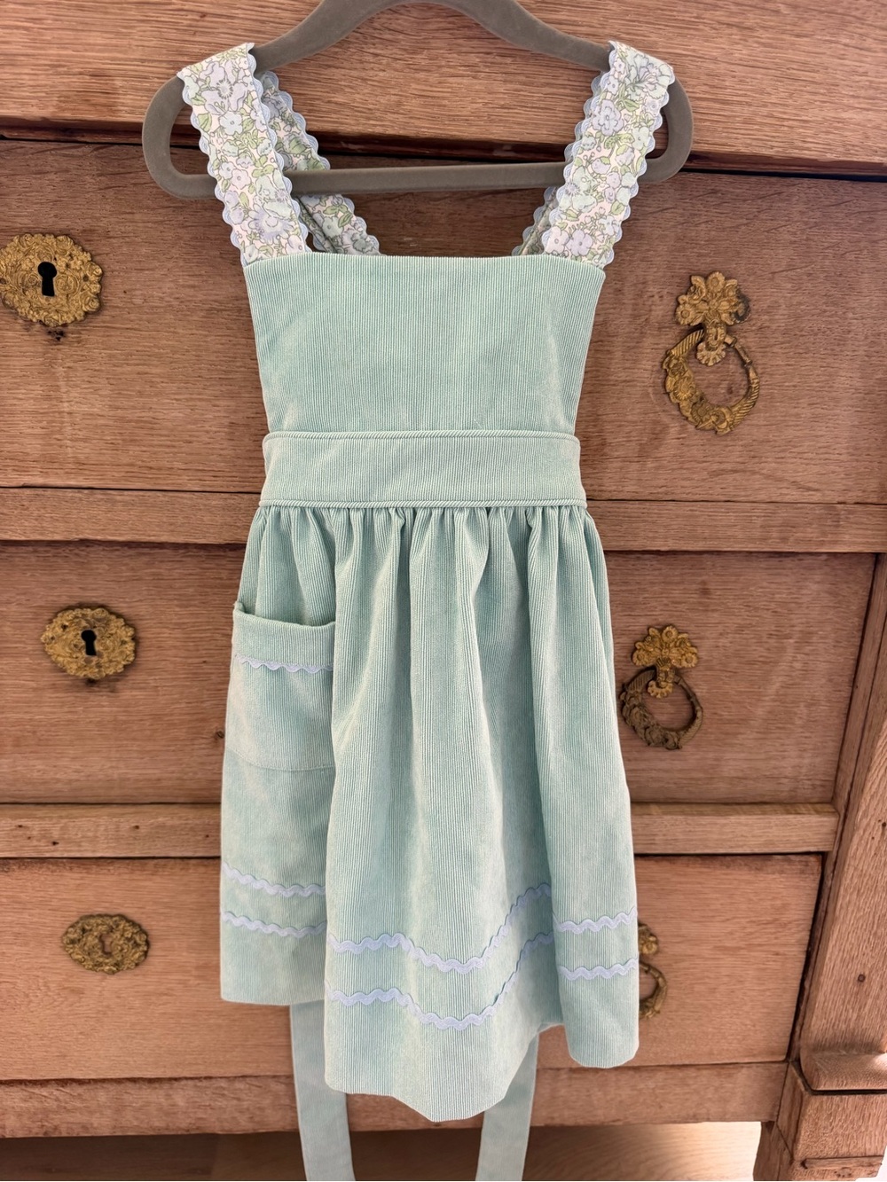 Alice Kathleen Mint Green Corduroy Pinafore Dress with Floral Straps